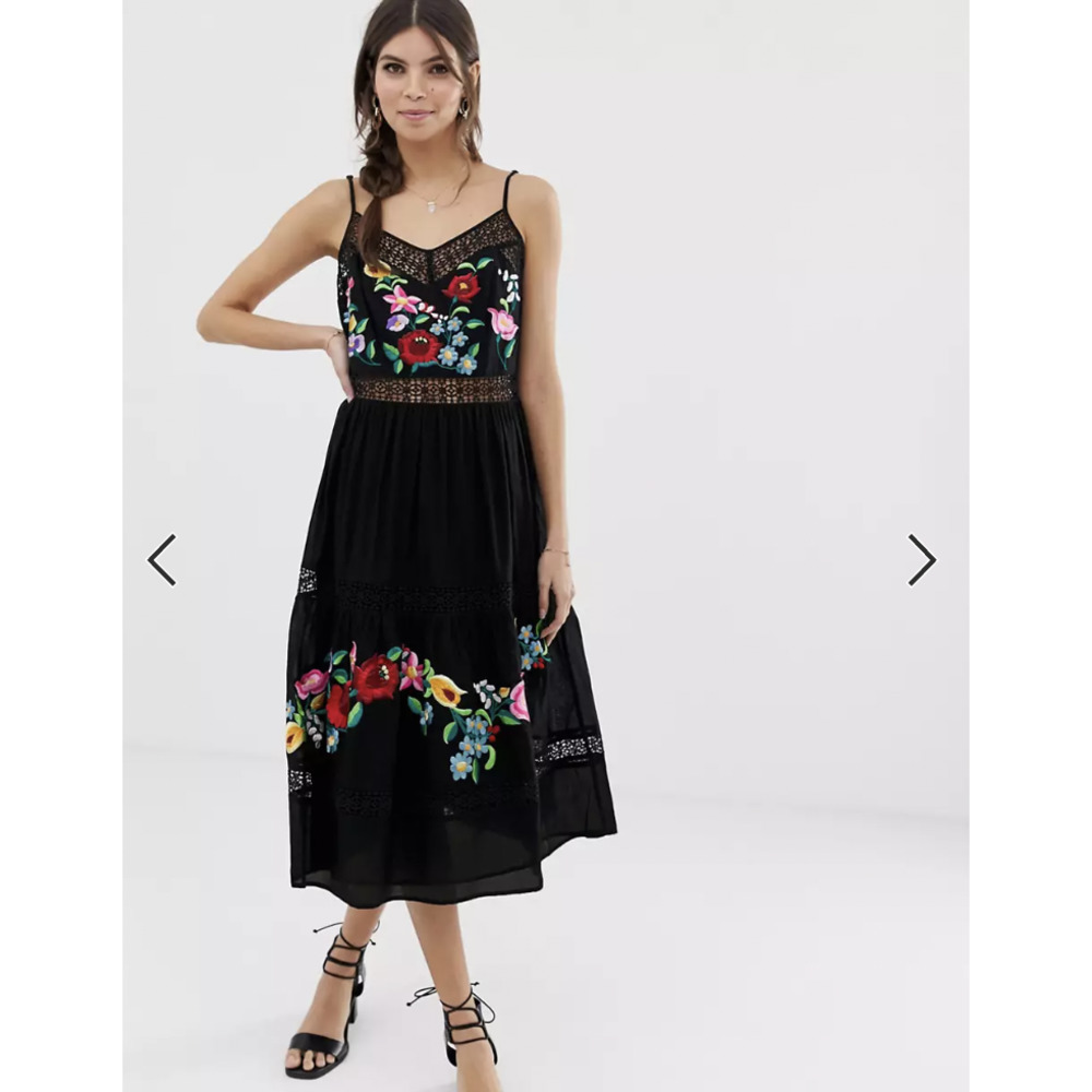 ASOS DESIGN cami trapeze embroidered midi dress Black Size 14